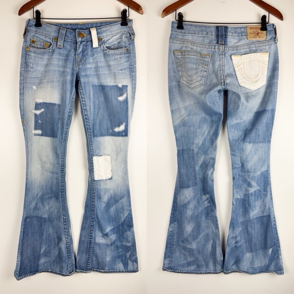 Y2K True Religion Flared Patchwork Low Rise Jeans Sz 25 RARE Vintage